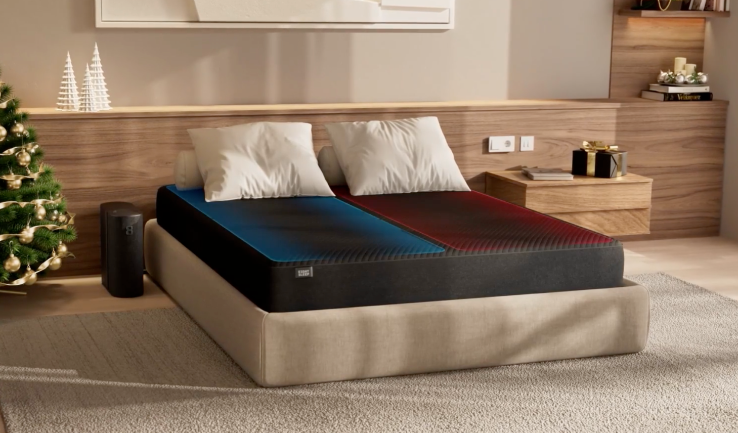 A bed with a black slipcover, with one side lit up in blue and the other lit up in red