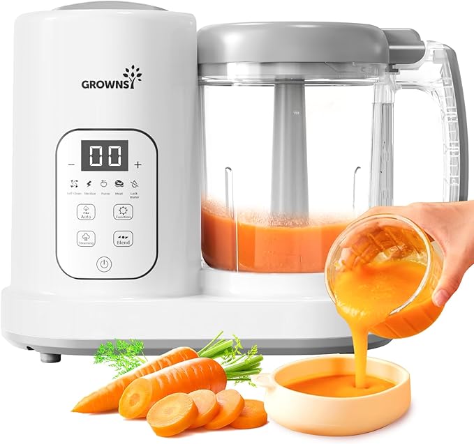 A mini food processor machine shown puree-ing carrots.