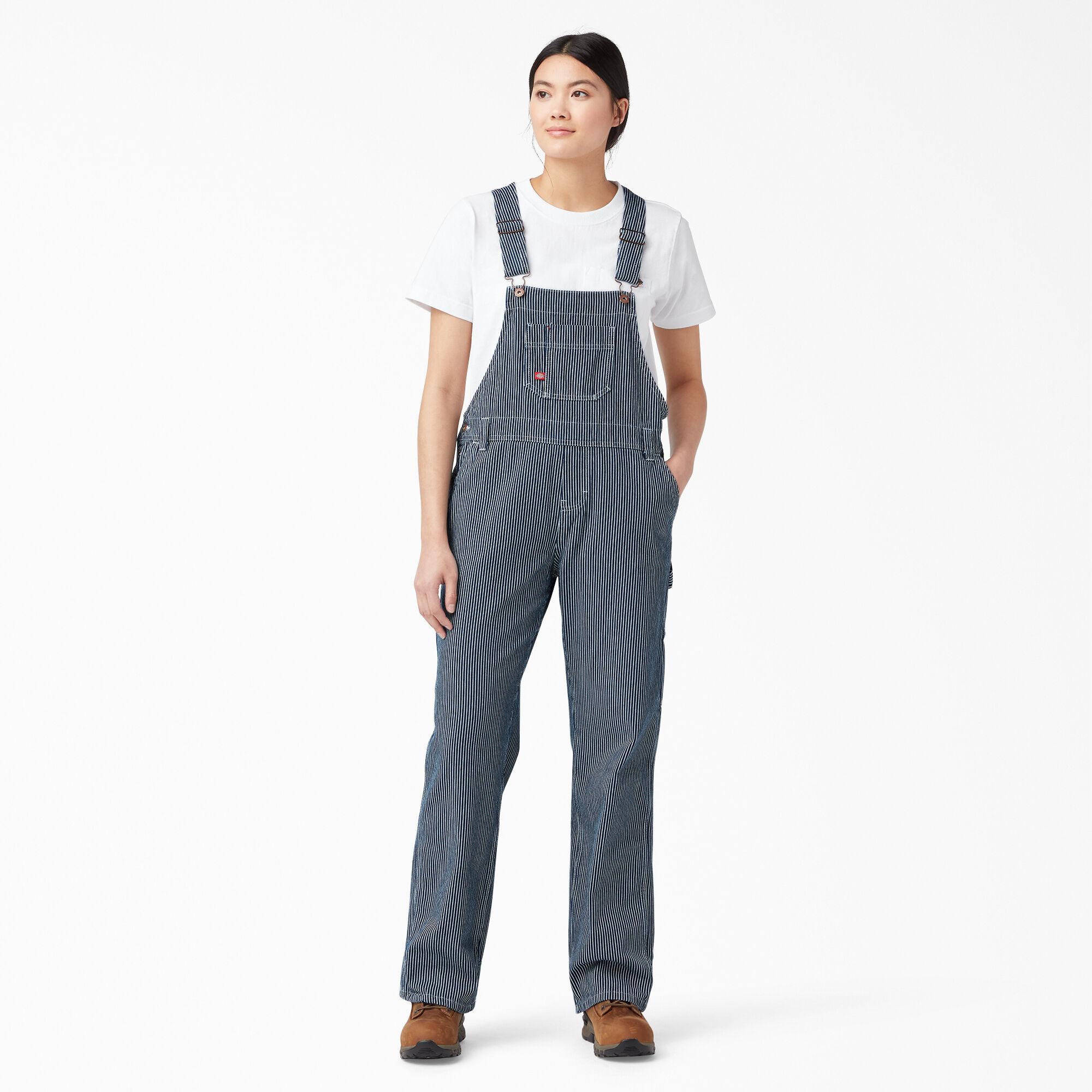 Dickies Womens Relaxed Fit Bib Overalls Rinsed Hickory Stripe