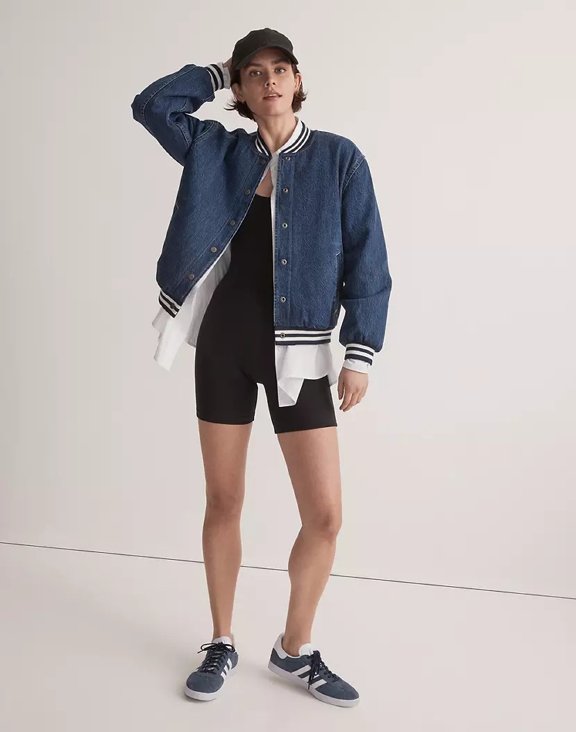 model wearing denim bomber jacket for spring from madewell