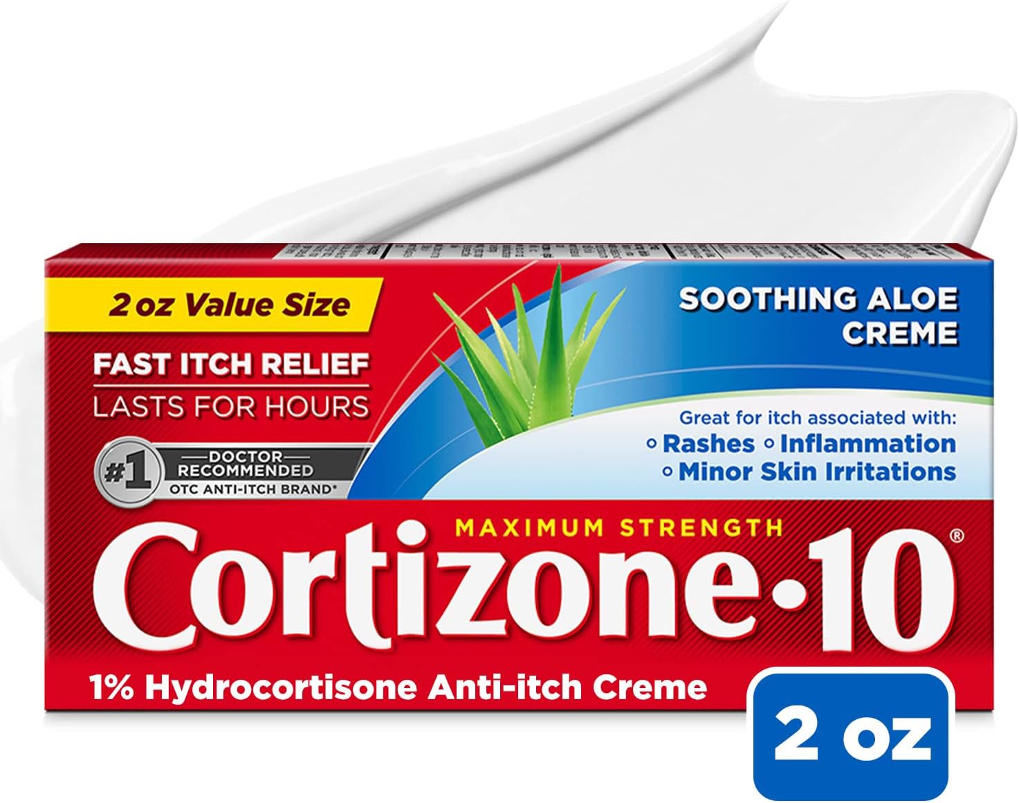 box of cortizone anti-itch cream with aloe with formula swiped in the back