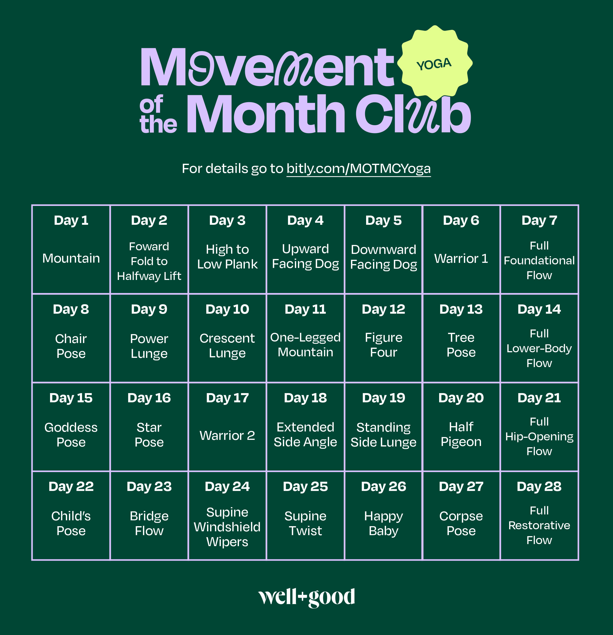 calendário do desafio de ioga de 4 semanas do Clube do Movimento do Mês, mostrando um movimento de ioga específico na maioria dos dias, seguido por um fluxo completo no último dia de cada semana