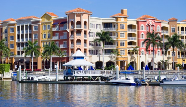 A photo of colorful waterfront apartments in downtown Naples, FL.