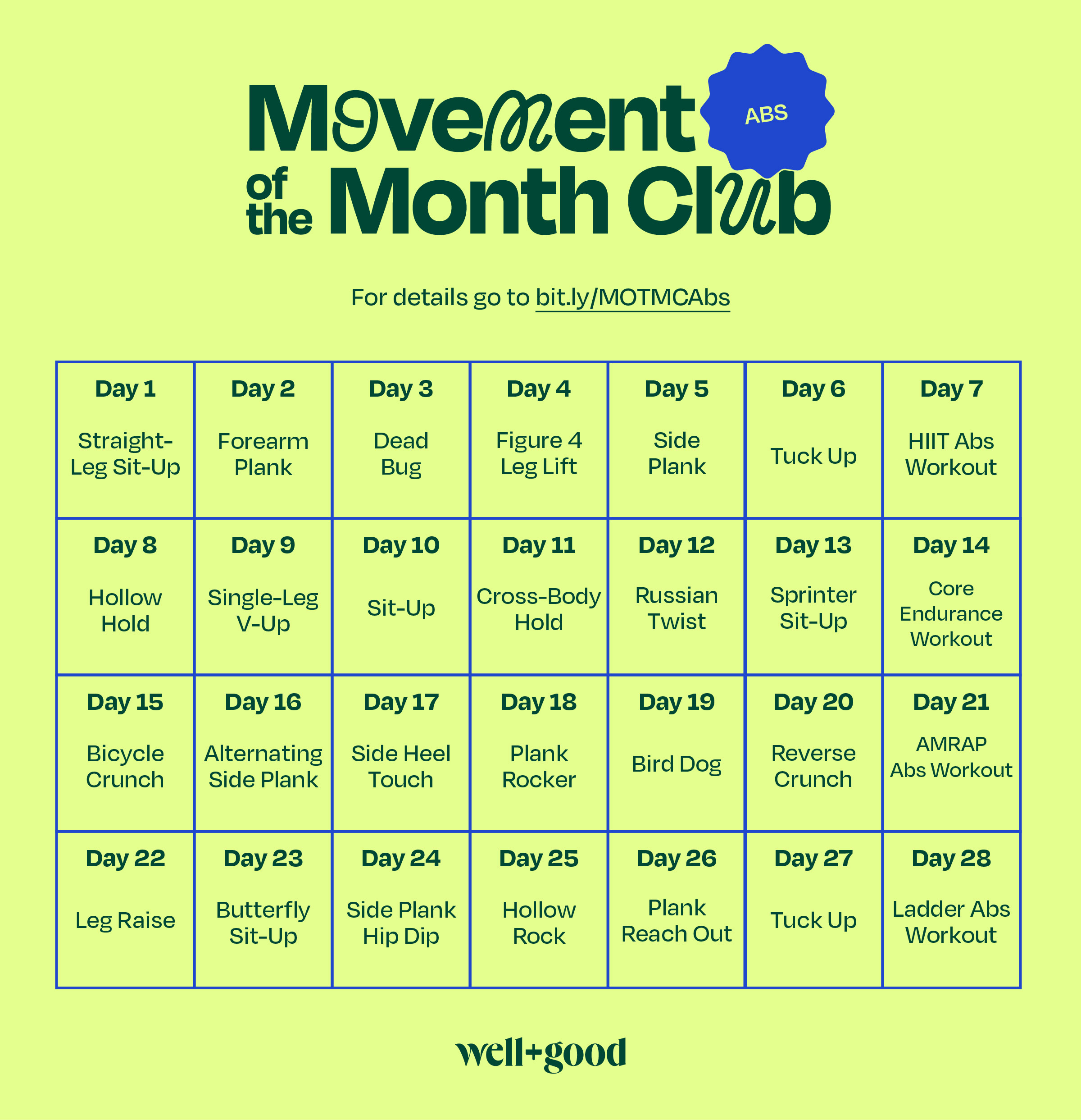 o calendário do clube do movimento do mês para o desafio abdominal, um desafio de condicionamento físico de 4 semanas com movimentos diferentes todos os dias, seguido de 4 treinos exclusivos todos os domingos