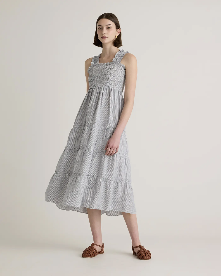 Quince 100% European Linen Smocked Midi Dress