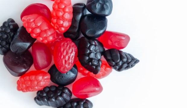 gummy fruit snacks on white background