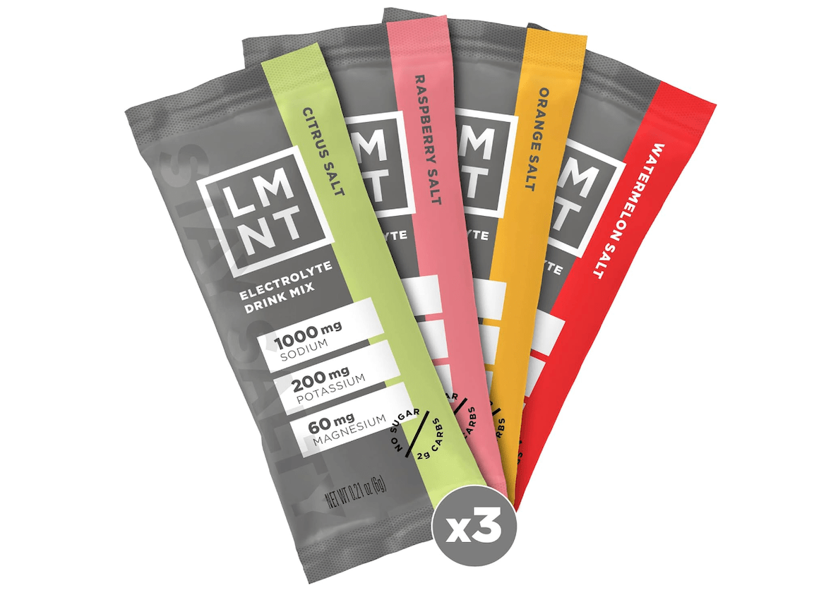 LMNT drink mix packets on white background