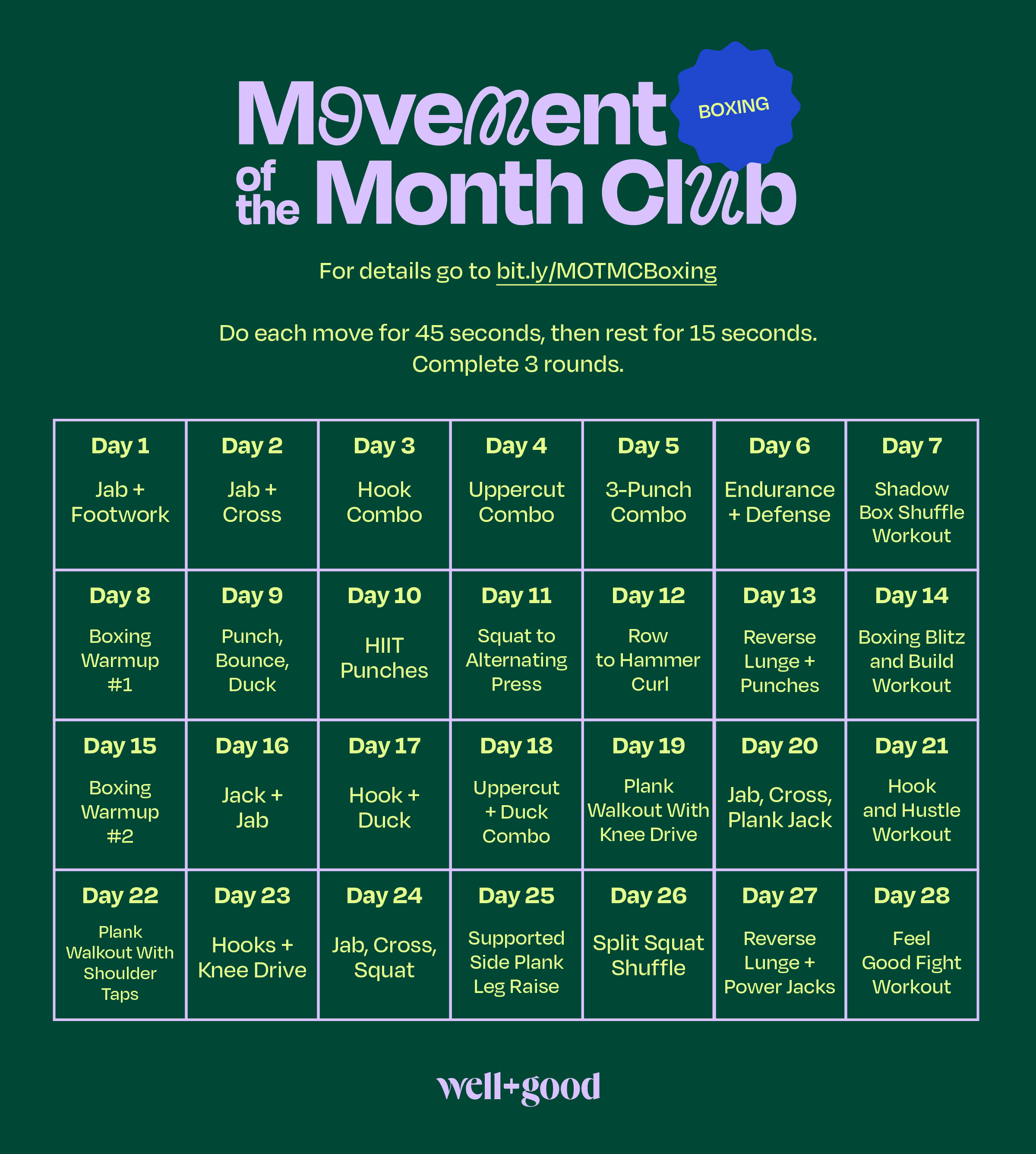 calendar for the 4-week boxing challenge of movement of the month club, showing a new combo to learn each day and full workouts on Sundays