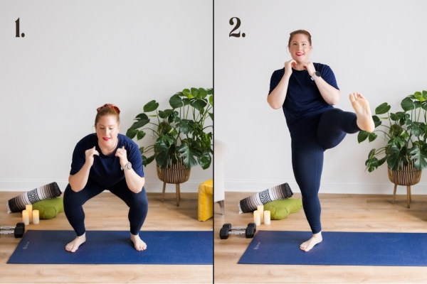 Personal trainer demonstrating air squat with alternating kick