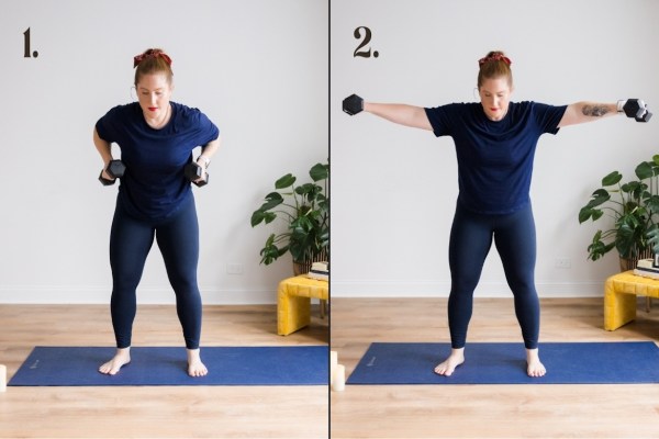 Personal trainer demonstrating bent-over row to reverse fly