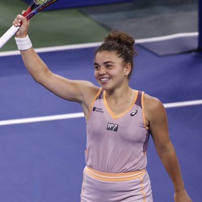 Italy's Jasmine Paolini celebrates winning her women's singles first round match against Canada's Bianca Andreescu on day two of the US Open tennis tournament at the USTA Billie Jean King National Tennis Center in New York City, on August 27, 2024. (Photo by Kena Betancur / AFP) (Photo by KENA BETANCUR/AFP via Getty Images)