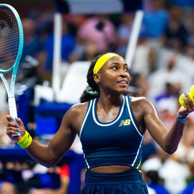 NEW YORK, NEW YORK - AUGUST 28: Coco Gauff of the United States celebrates defeating Tatjana Maria of Germany in the second round on Day 3 of the US Open at USTA Billie Jean King National Tennis Center on August 28, 2024 in New York City (Photo by Robert Prange/Getty Images)