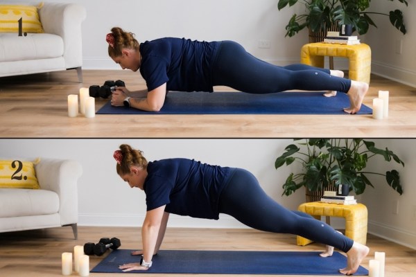 Personal trainer demonstrating plank get-up