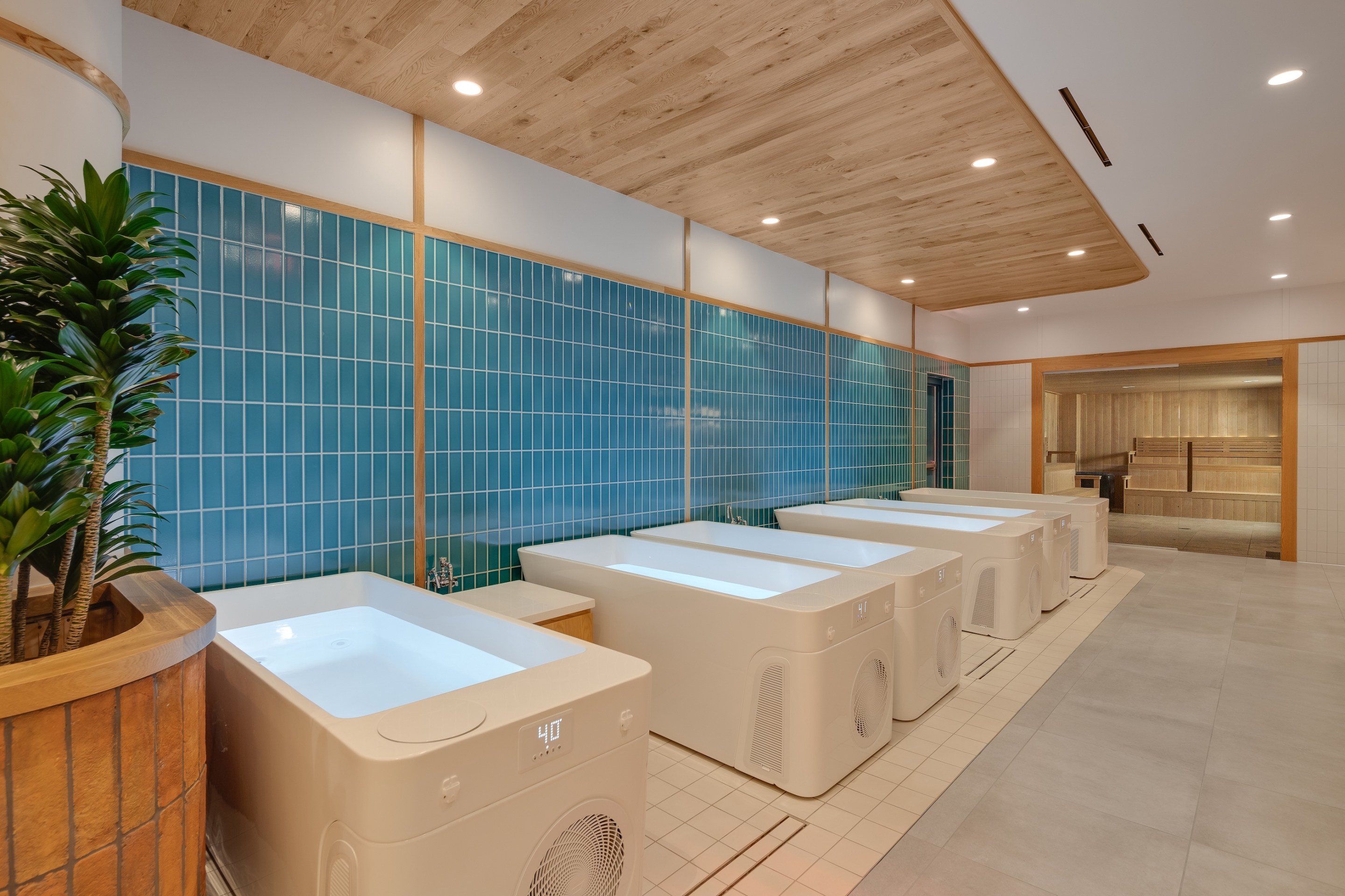 A row of cold plunge baths with a sauna in the back.