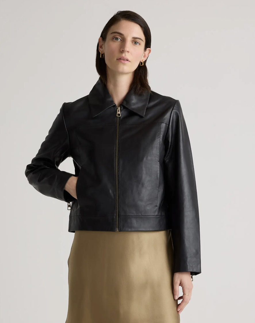 Quince 100% Leather Cropped Zip-Front Jacket