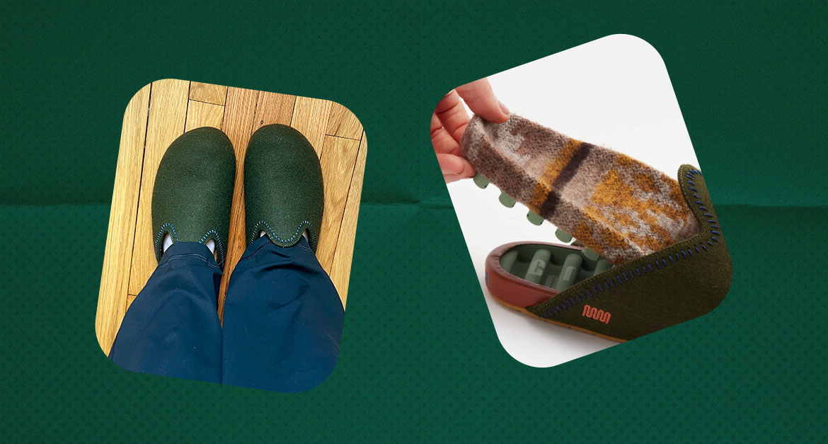 A collage of the Commbi Footwear Woolie Burro mules in forest-elf green on the Ashland footbed.