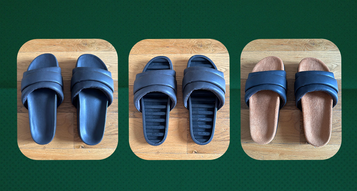 A collage of the Commbi Footwear Softie Slides with and without the mix-and-match footbeds. 