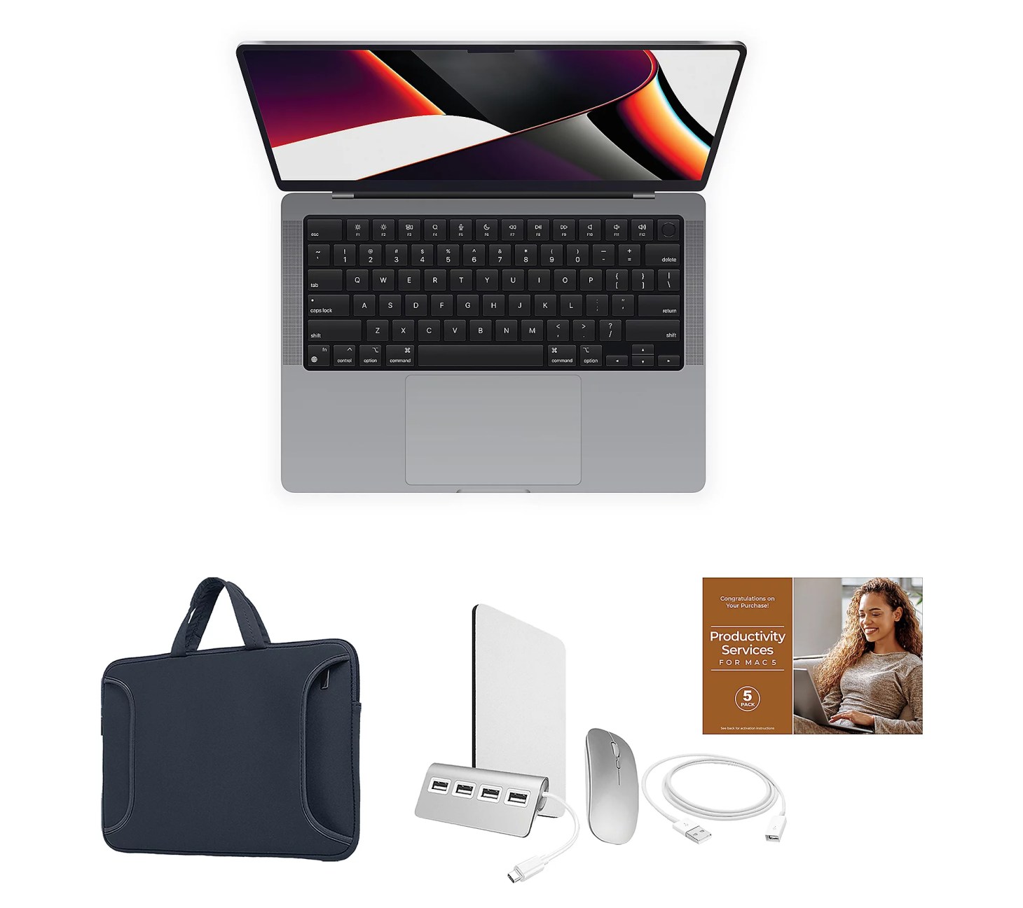 apple macbook pro 14 inch with case, mouse, keyboard, and voucher at qvc