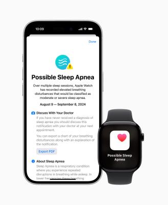 An Apple Watch and the screen of an iPhone with a sleep apnea alert.