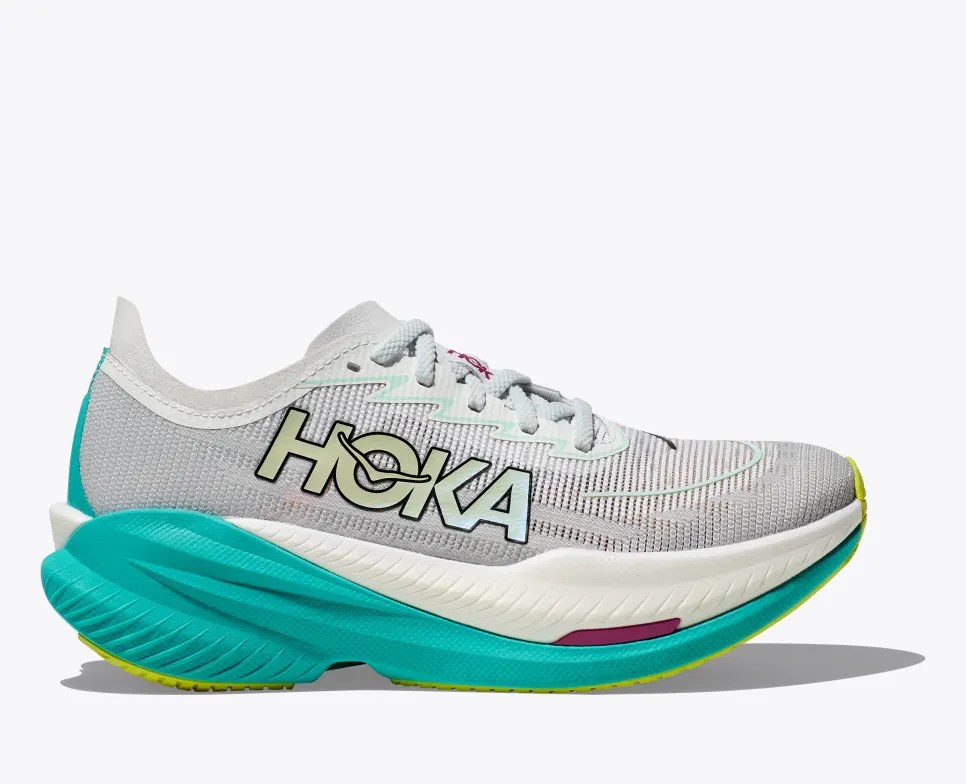 hoka mach x 2 trail running shoes in white and teal