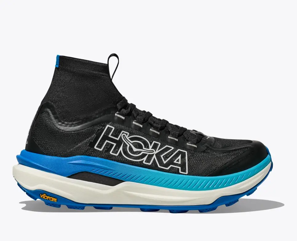 hoka tecton x3 trail running shoes in black and blue