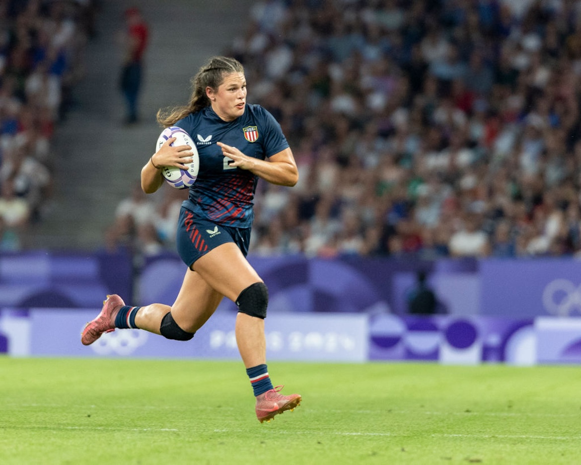 Photo of Ilona Maher playing rugby at the 2024 Paris Olympics