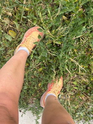 The calves and feet of someone wearing orange trail running shoes seen from above in a patch of grass.