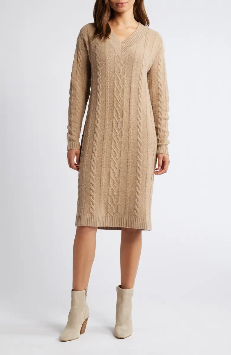 Caslon Long Sleeve Cable Stitch Sweater Dress