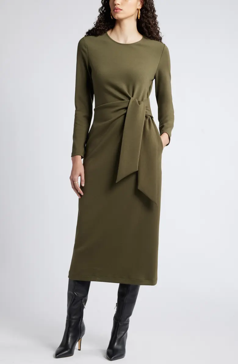 Nordstrom Tie Waist Long Sleeve Knit Midi Dress