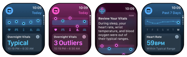 Apple Watch screenshots showing multiple views of the "Vitals" app screen, including heart rate.