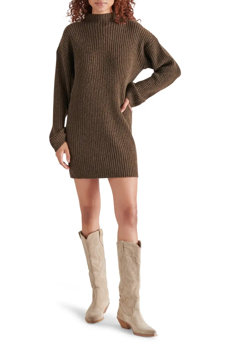 Steve Madden Kallie Long Sleeve Funnel Neck Rib Mini Sweater Dress