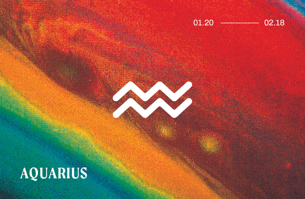 Daily horoscope image featuring an Aquarius zodiac sign against a starry rainbow pattern.