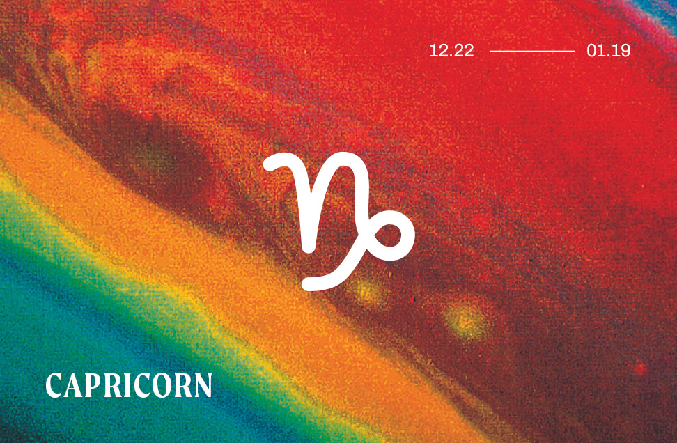 Daily horoscope image with the zodiac sign Capricorn against a starry rainbow pattern.