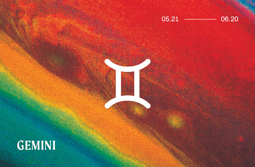 Daily image of the Gemini horoscope with a sign of the Gemini Zodiac against an iris rainbow pattern.