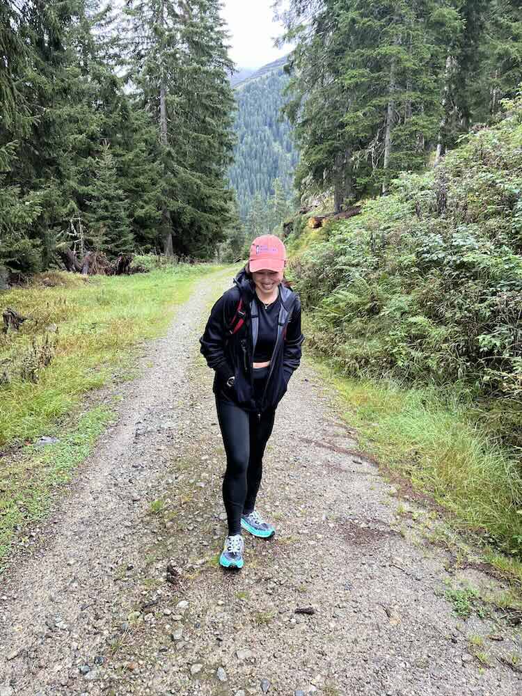 author wearing Hoka Speedgoat 6 on trail