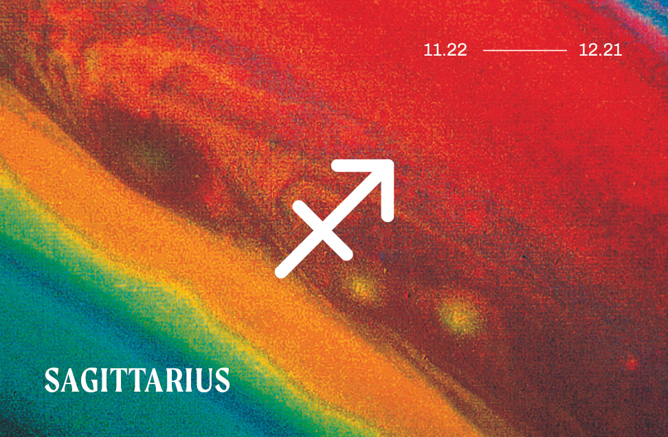 Daily horoscope image with Sagittarius zodiac sign against a starry rainbow pattern.