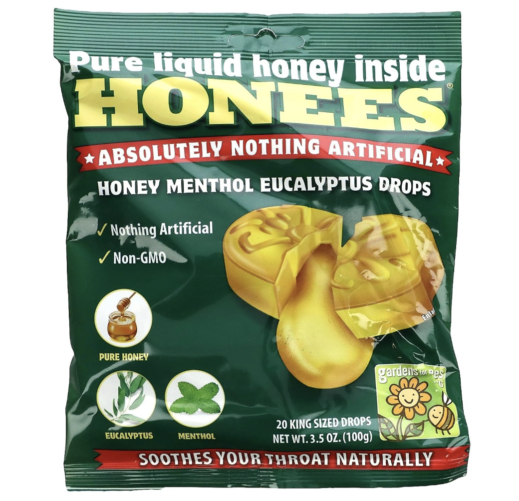 Honees Honey Menthol Eucalyptus Drops, one of the best cough drops for a sore throat