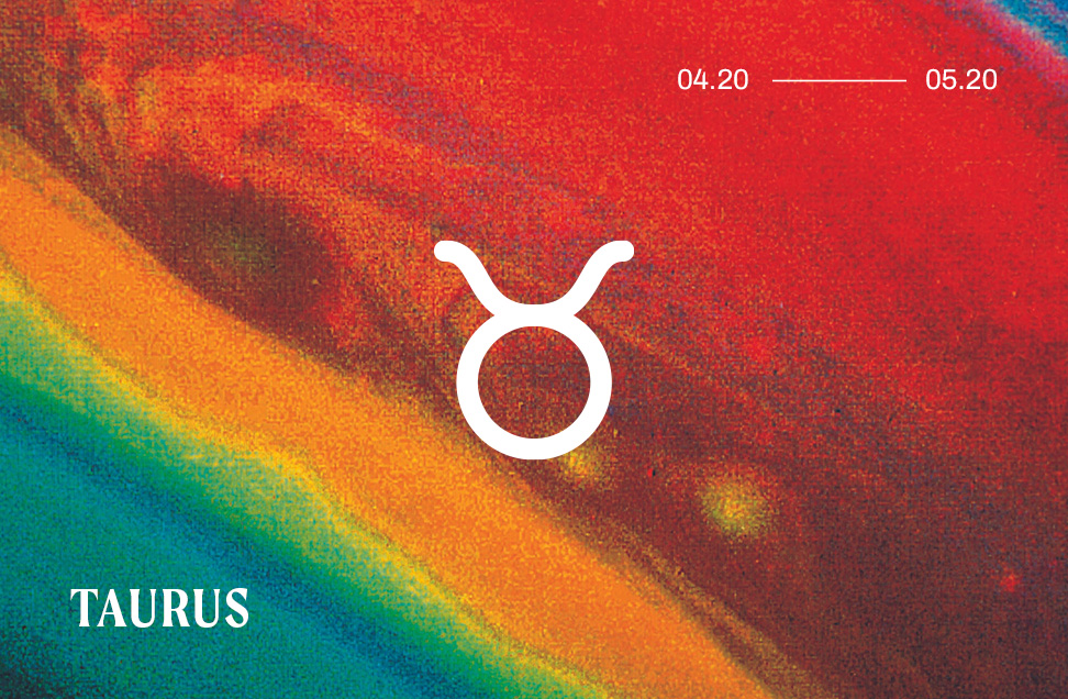 Image of the daily horoscope with a taurus zodiac sign against a starry rainbow pattern.